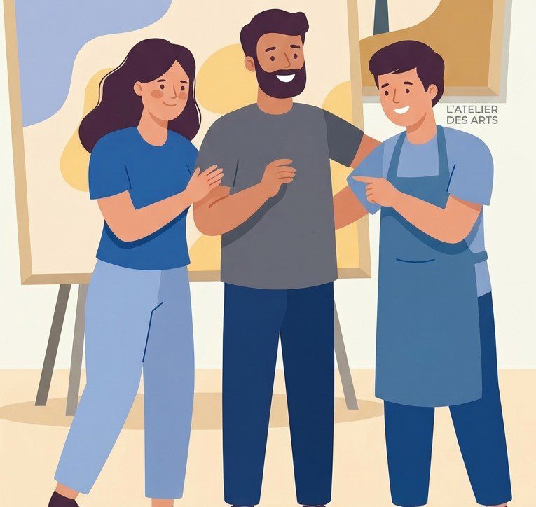 atelier-arts-partage-associatif Trois personnes se serrant les épaules dans un environnement artistique