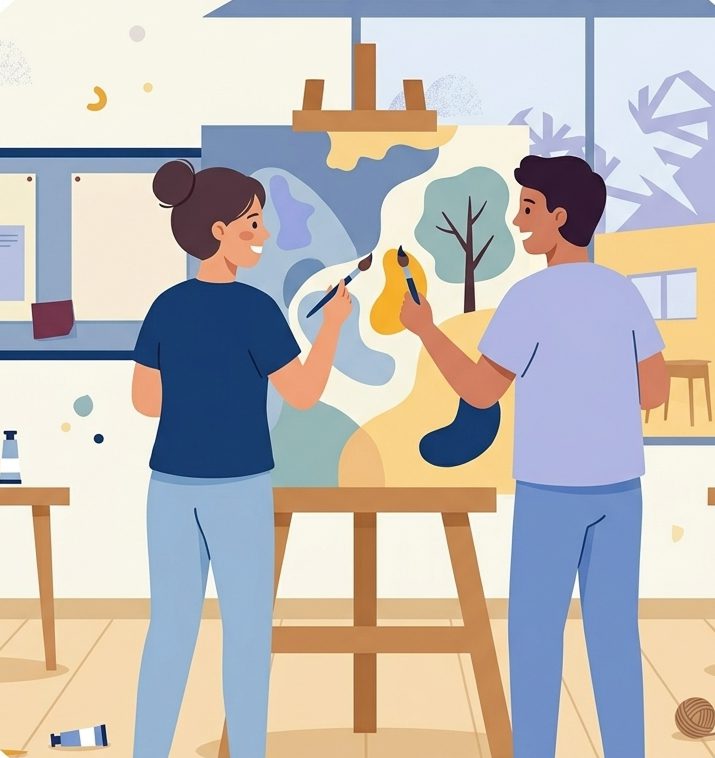 Trois personnes se serrant les épaules dans un environnement artistique