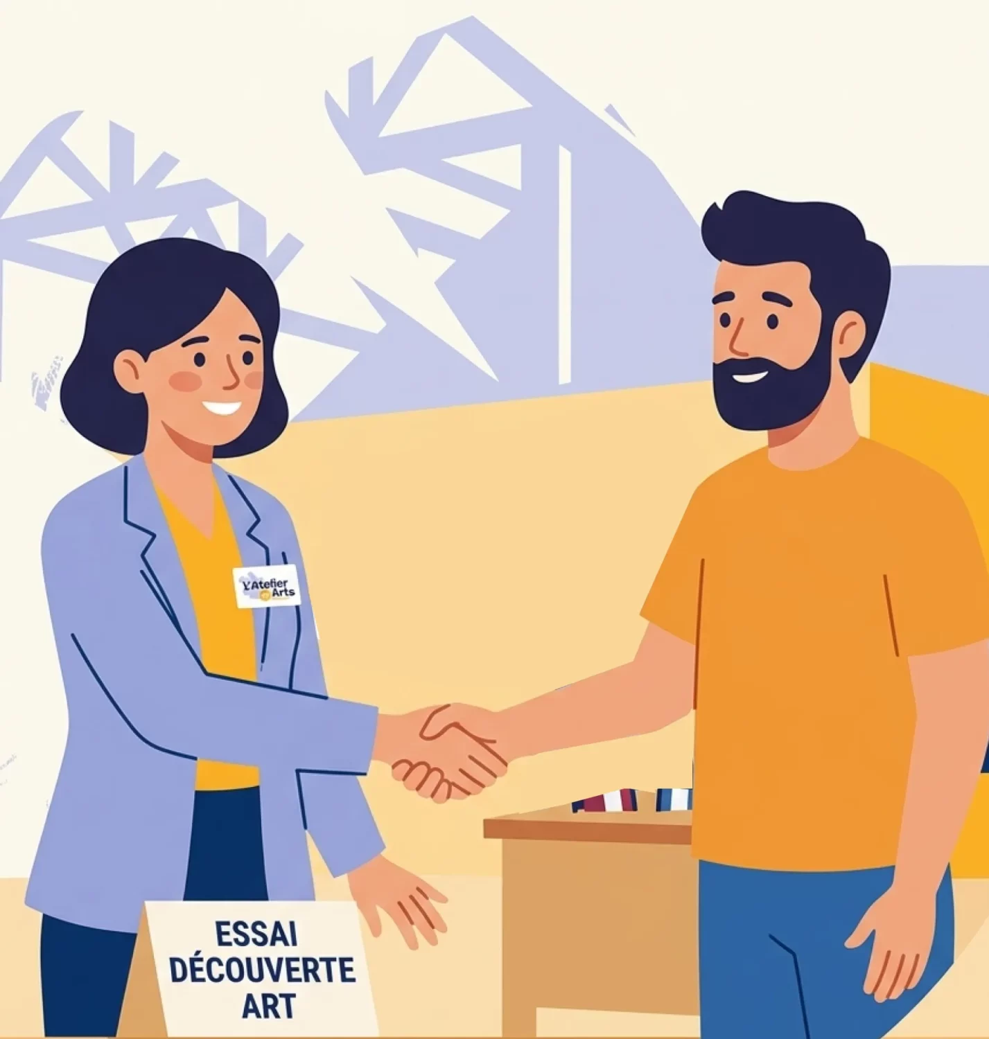 Trois personnes se serrant les épaules dans un environnement artistique