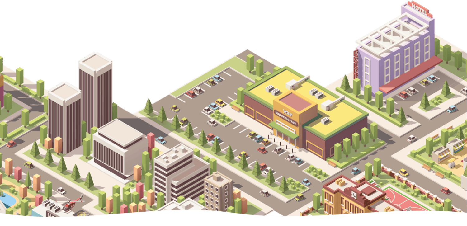 Quartier urbain moderne et durable – Eau Link Vue isométrique d’un quartier avec supermarché, hôtel, immeubles et voitures.
